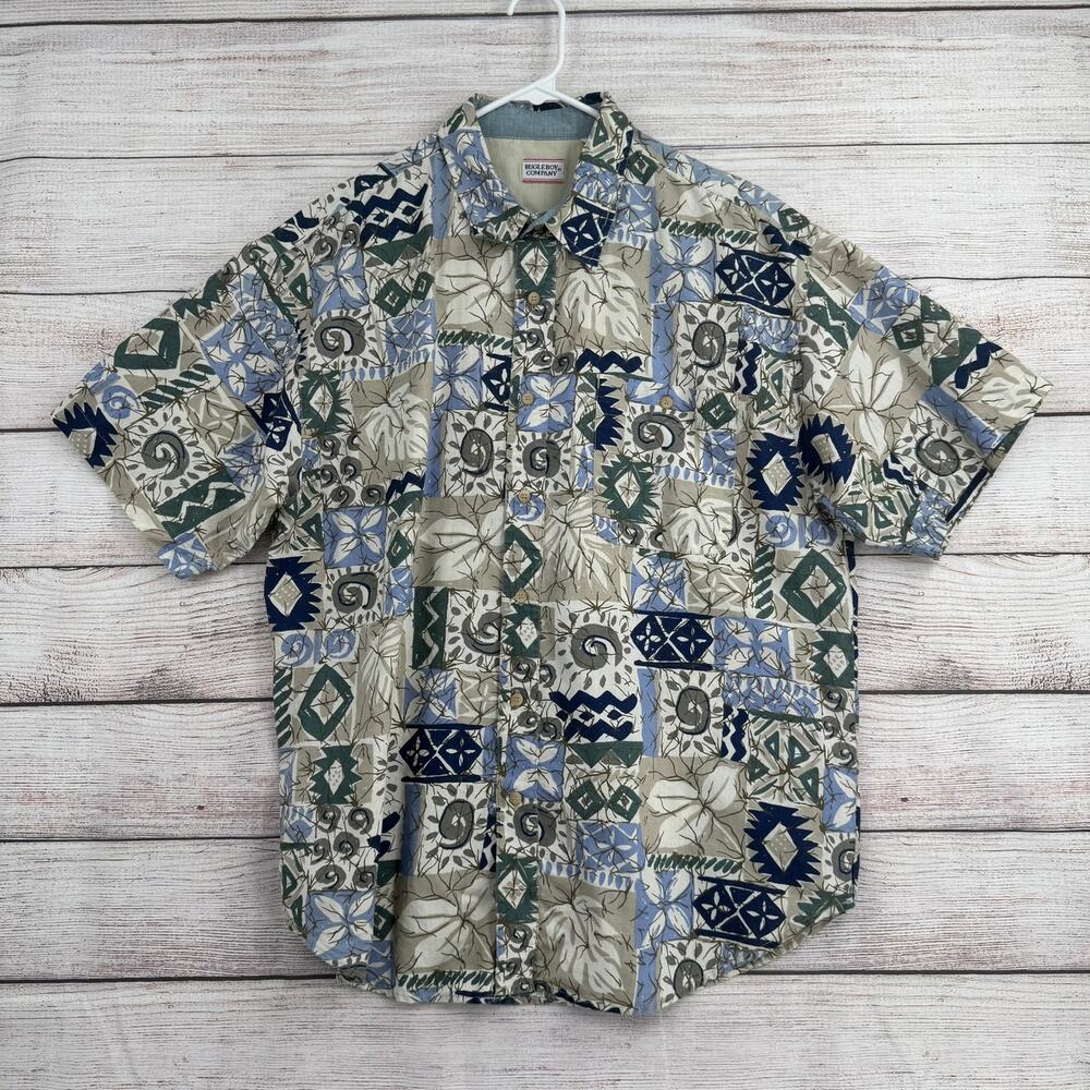 Vintage Y2K Bugle Boy Company Short Sleeve Button Down Shirt Mens L Tan Blue